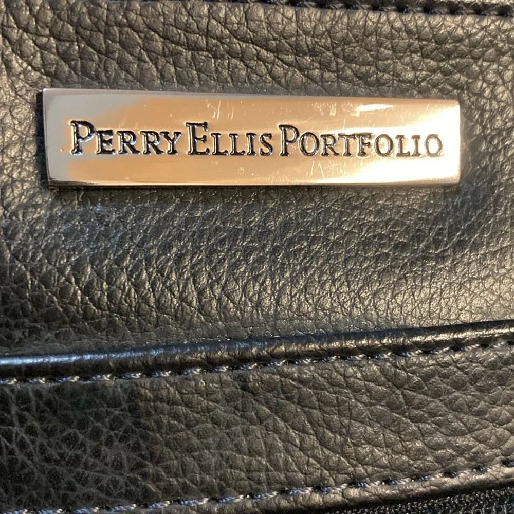 PERRY ELLIS POLFOLIO Black Leather Briefcase Messenger Bag UNISEX
